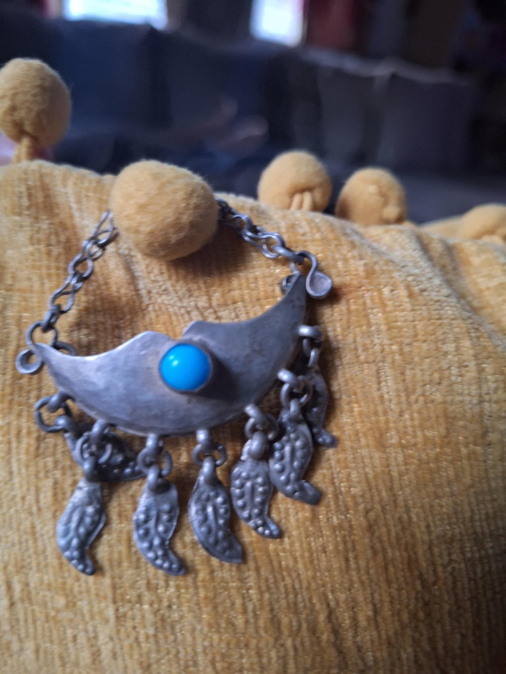 Half Moon Brooch with Turquoise Blue Stone.dangling Leaves And Hanging Chain